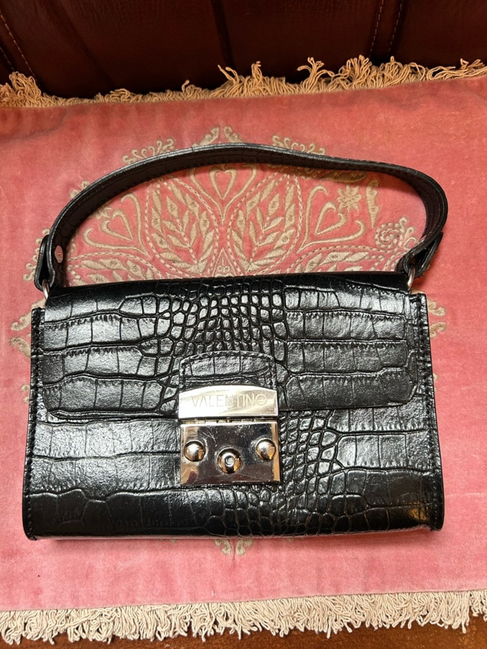 Valentino Black Croc-Embossed Shoulder Bag with Polished Lock